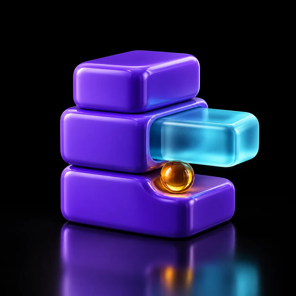 A cyan block fitting into a modular violet product
