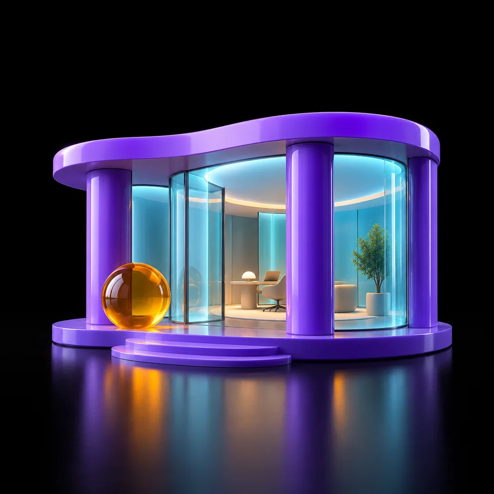A miniature violet office pavilion with cyan glass panels