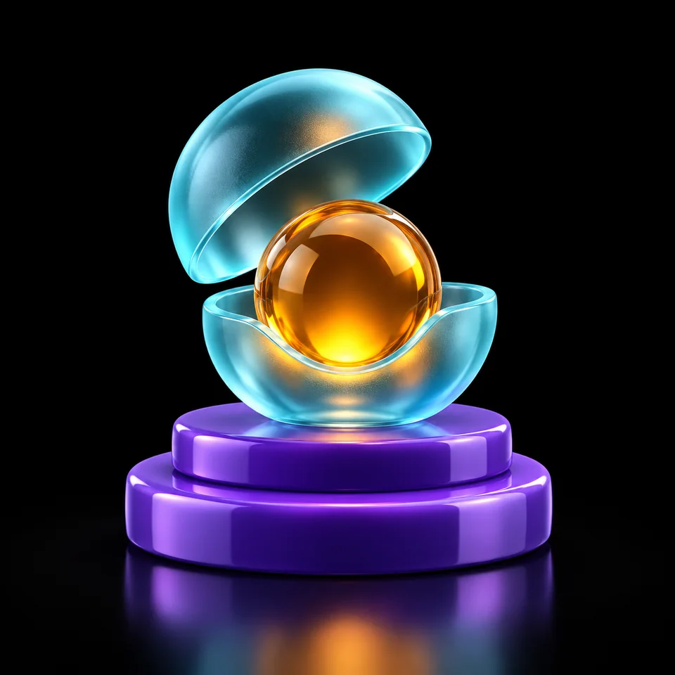 An amber sphere supported inside a cyan capsule on violet steps