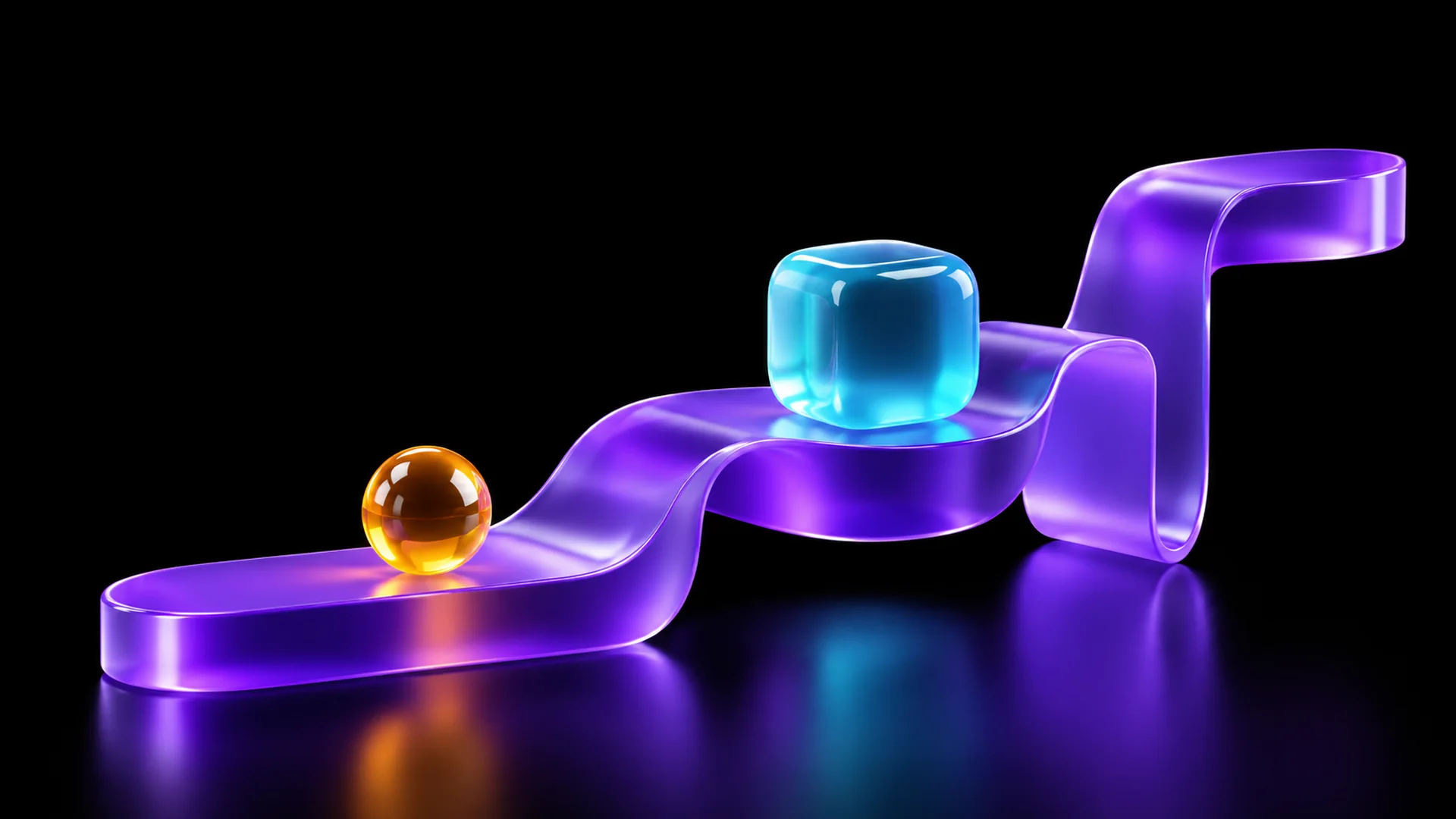 A violet rising ribbon carrying an amber idea and a cyan product block