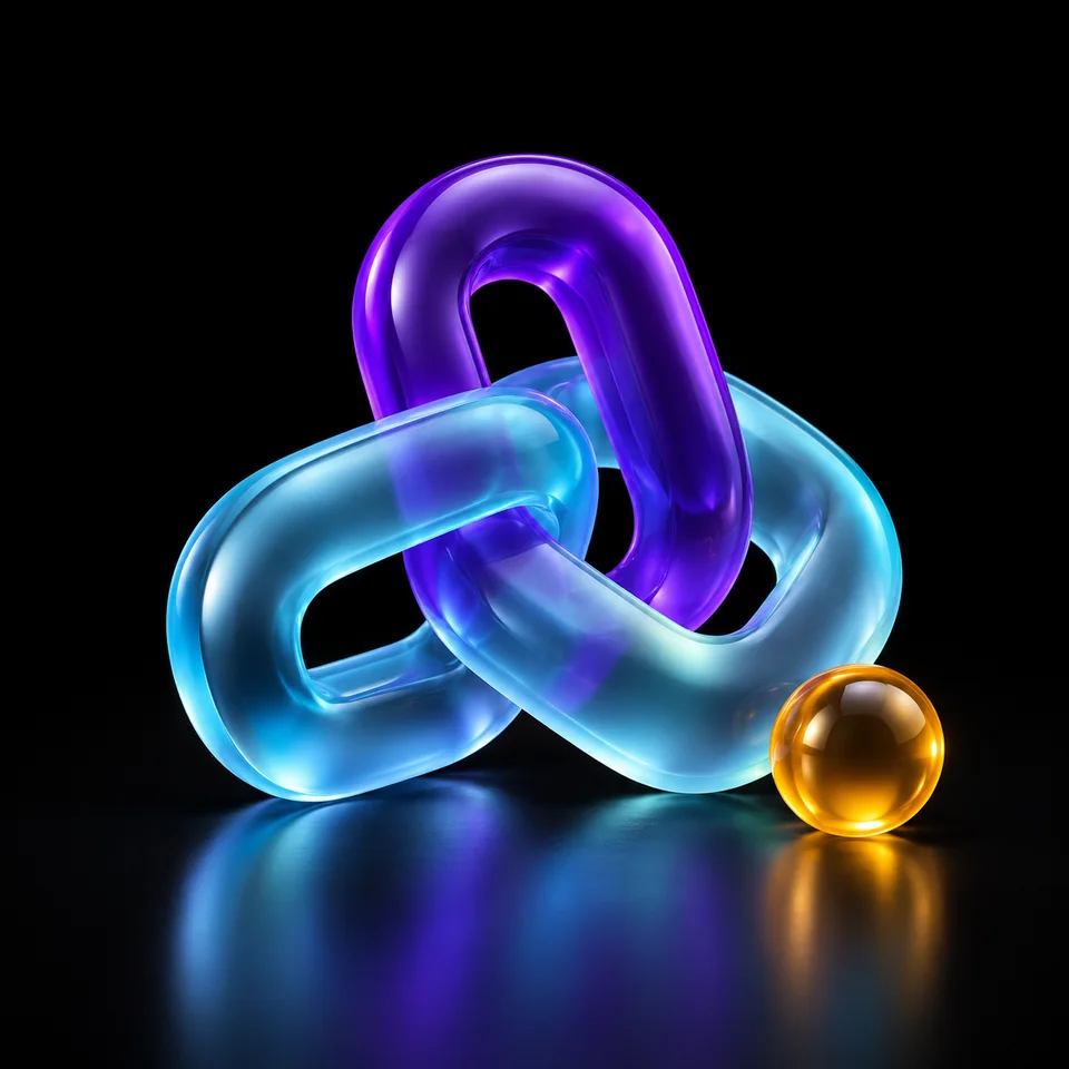 Interlocking cyan and violet links beside an amber sphere