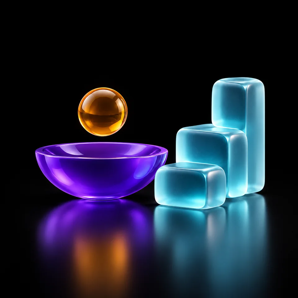 An amber idea sphere above a violet bowl beside cyan building blocks