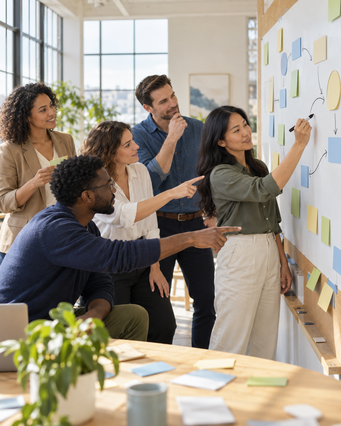 A diverse team mapping a business workflow on a bright workshop wall