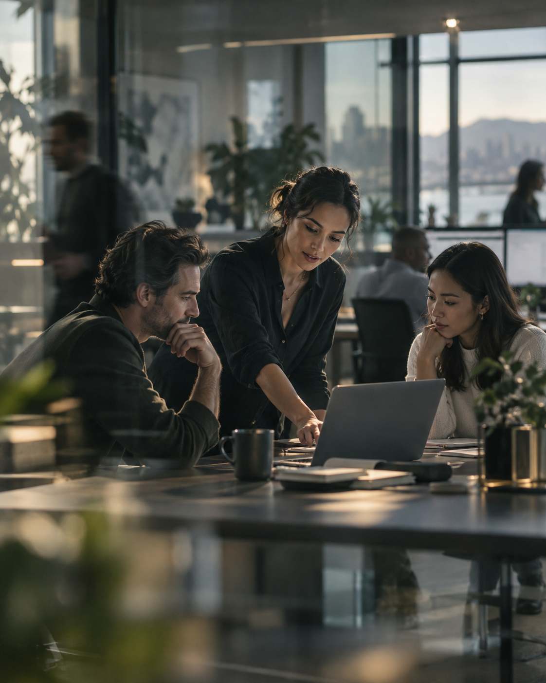 A team collaborating in a bright space during a transformation workshop