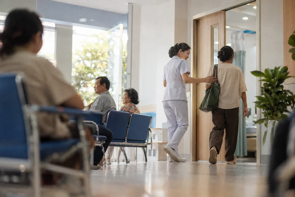 A clinic staff member guiding a visitor through a waiting area