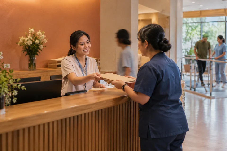 A rehabilitation reception team coordinating an administrative handover