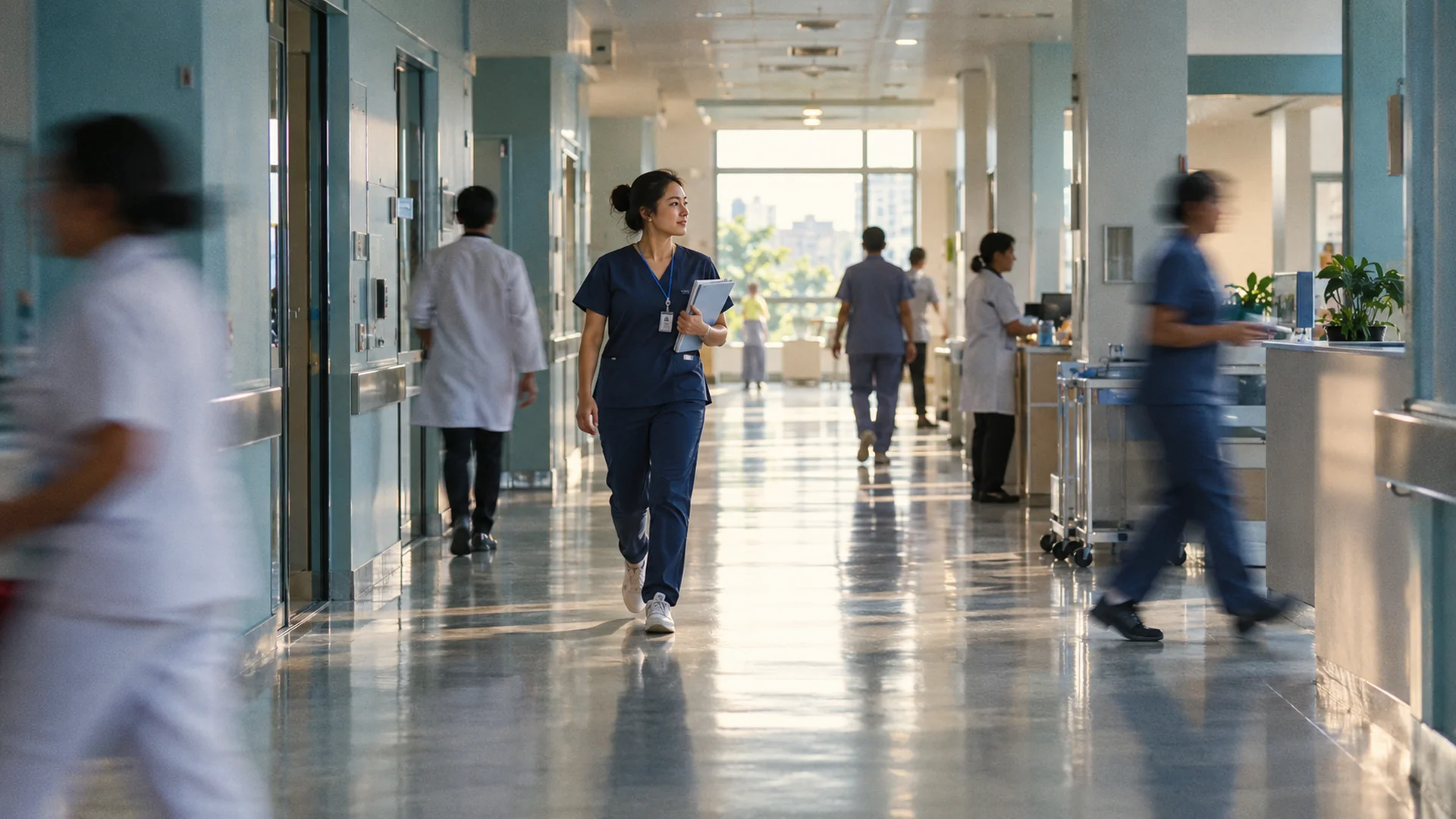 A healthcare coordinator moving through a hospital corridor