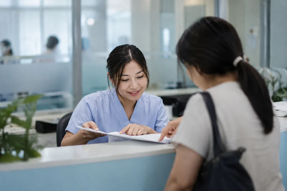 An appointment coordinator helping a visitor at reception