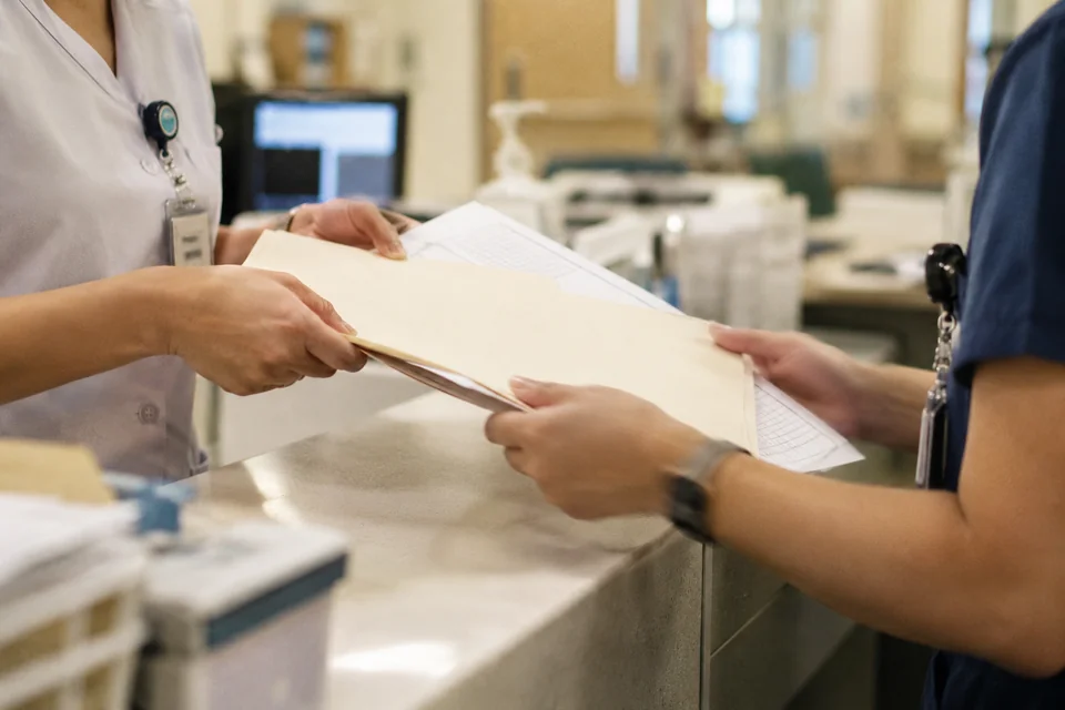 Healthcare administrators exchanging a handover folder