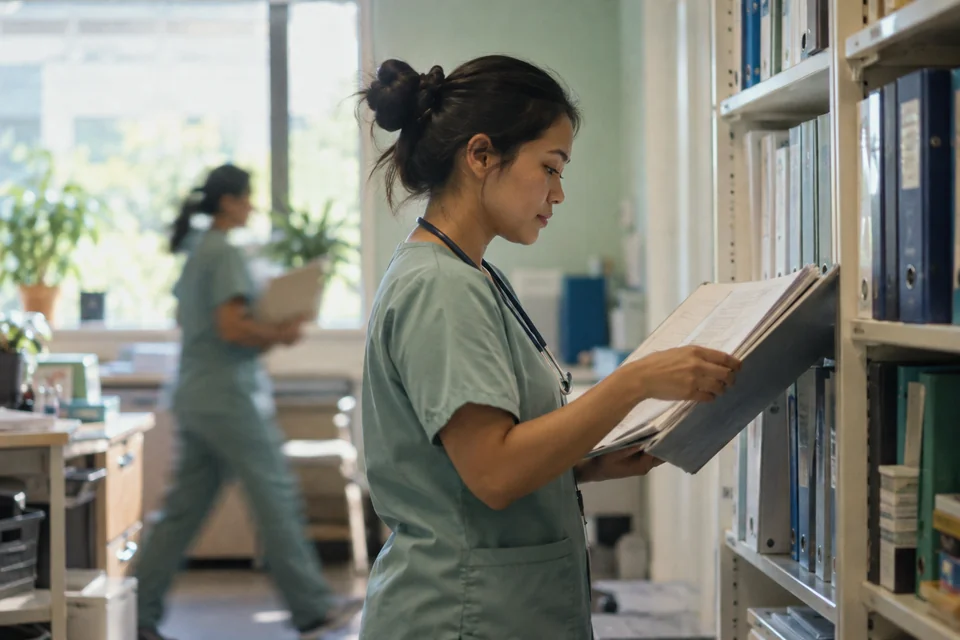 A healthcare staff member consulting an internal reference binder