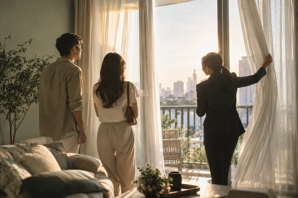An agent showing a residential apartment to prospective residents