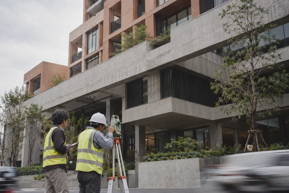 A survey team reviewing a commercial building exterior