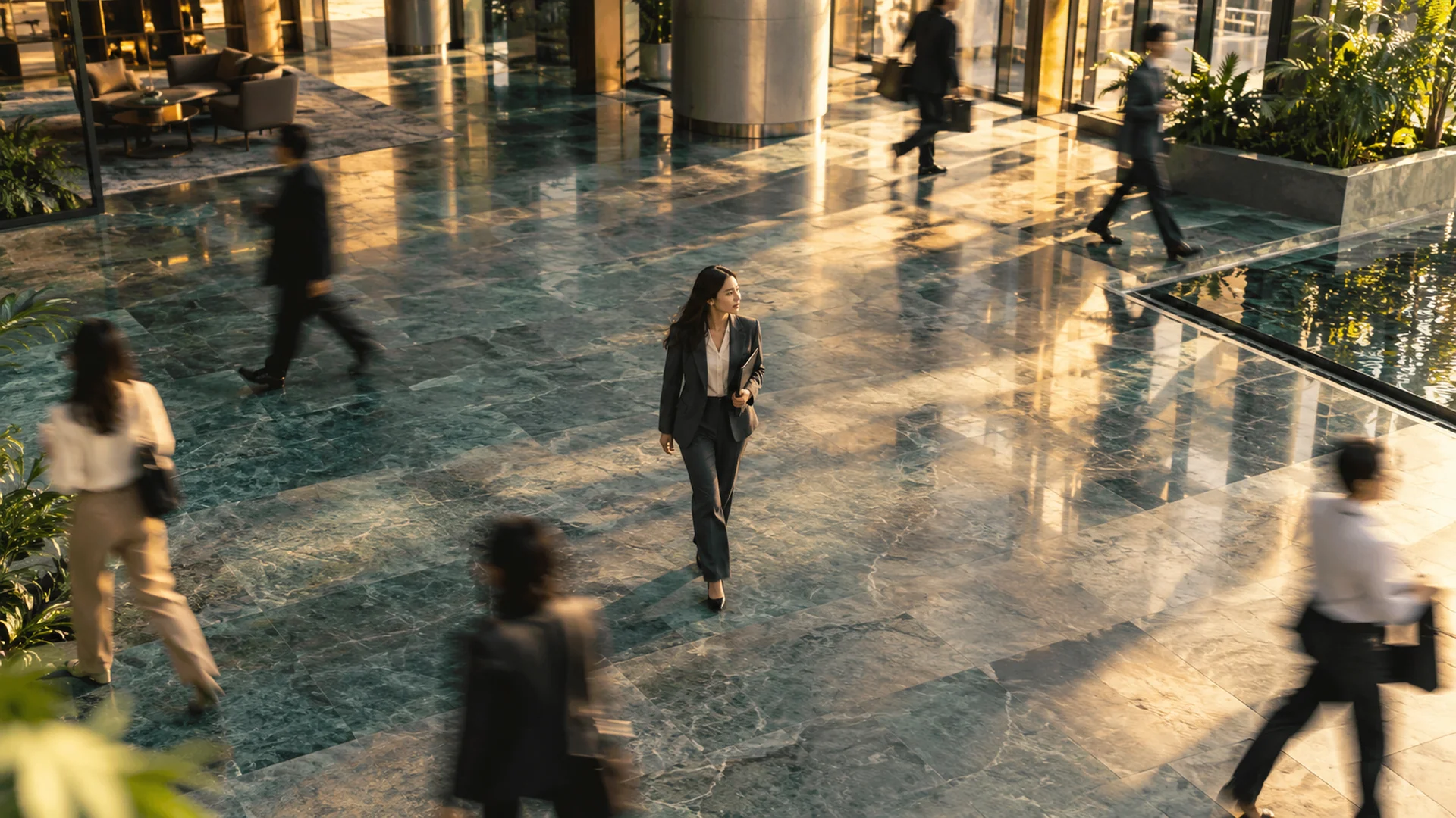 A property manager crossing a stone atrium with pedestrians in motion