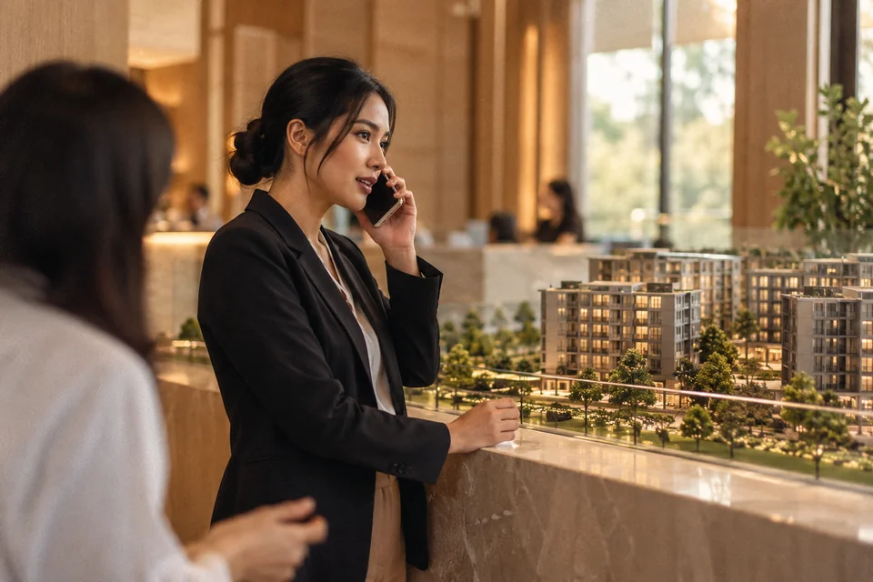 A property agent handling an enquiry beside an apartment model