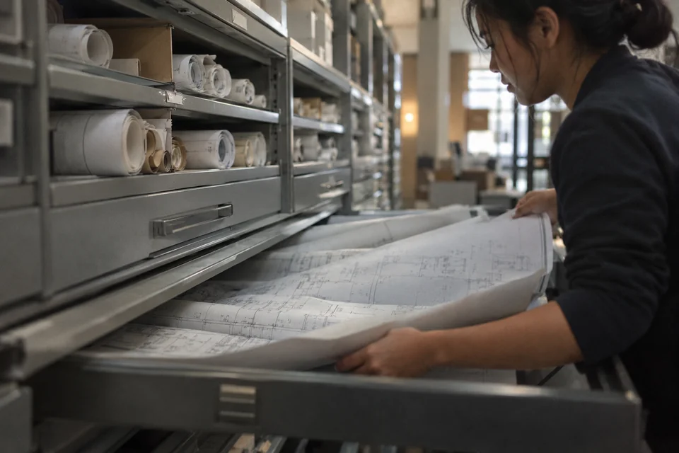 A records coordinator retrieving property plans from an archive