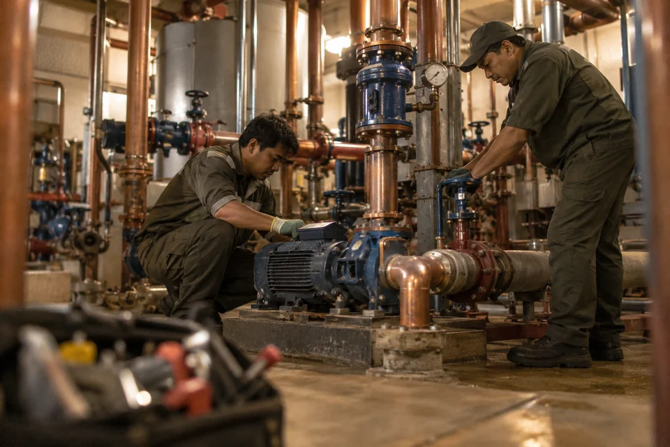 Facilities technicians inspecting building equipment