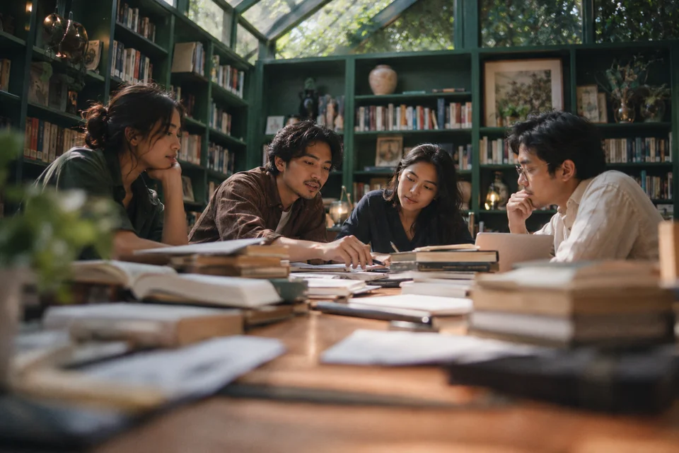 A knowledge-product team reviewing source materials at a library table
