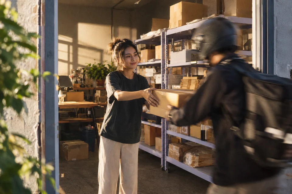 A startup operator handing a parcel to a courier in a dispatch workspace