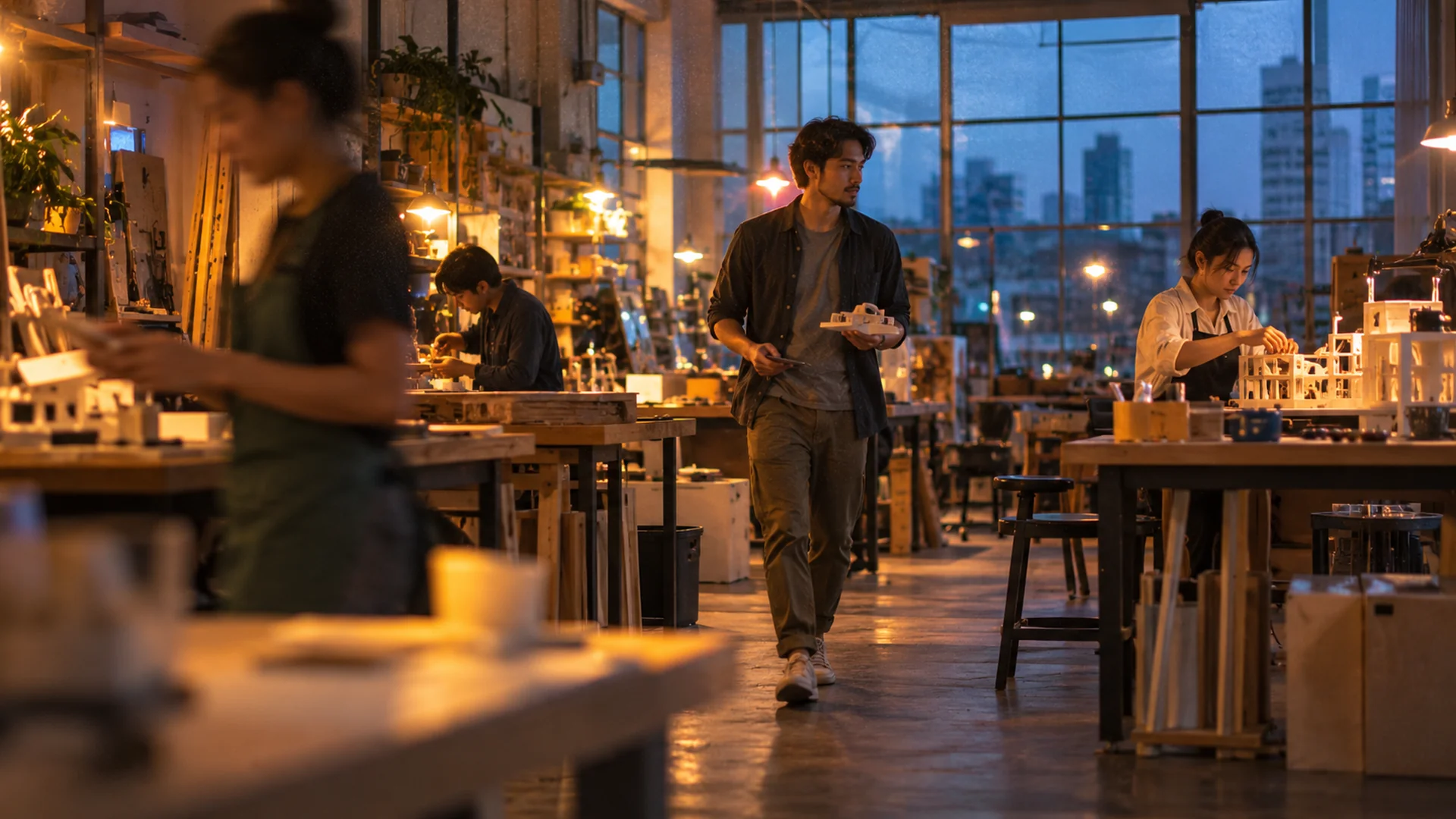 A founder moving between prototypes in a side-lit workshop