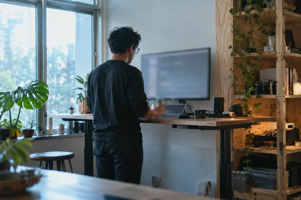 A developer building a product at a standing workstation