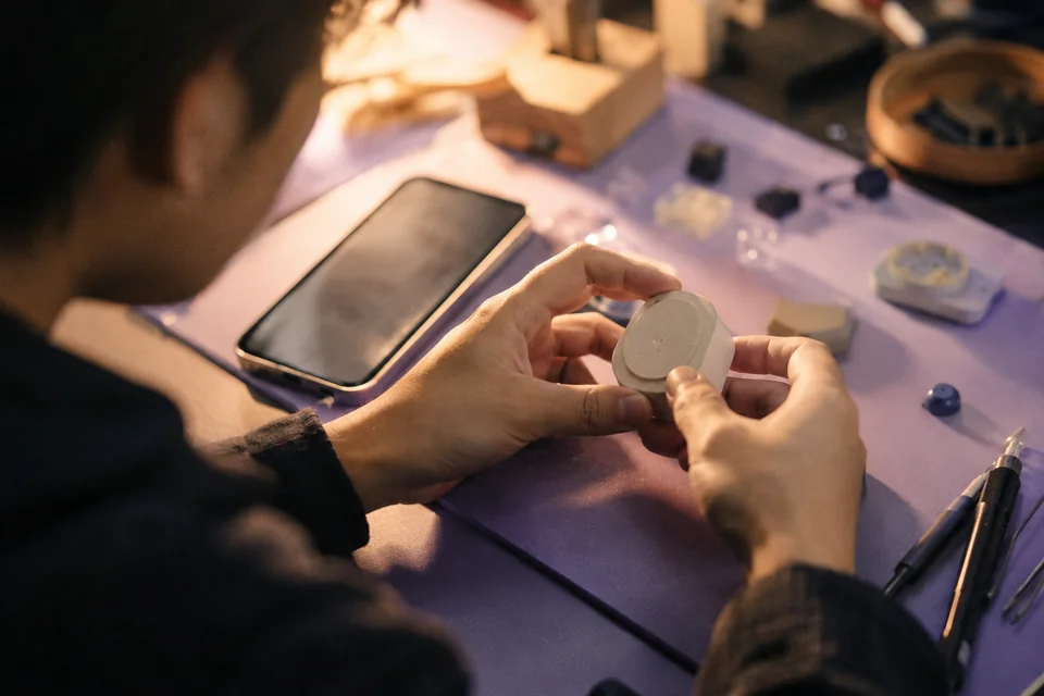 Hands evaluating a prototype and an unlabelled phone screen