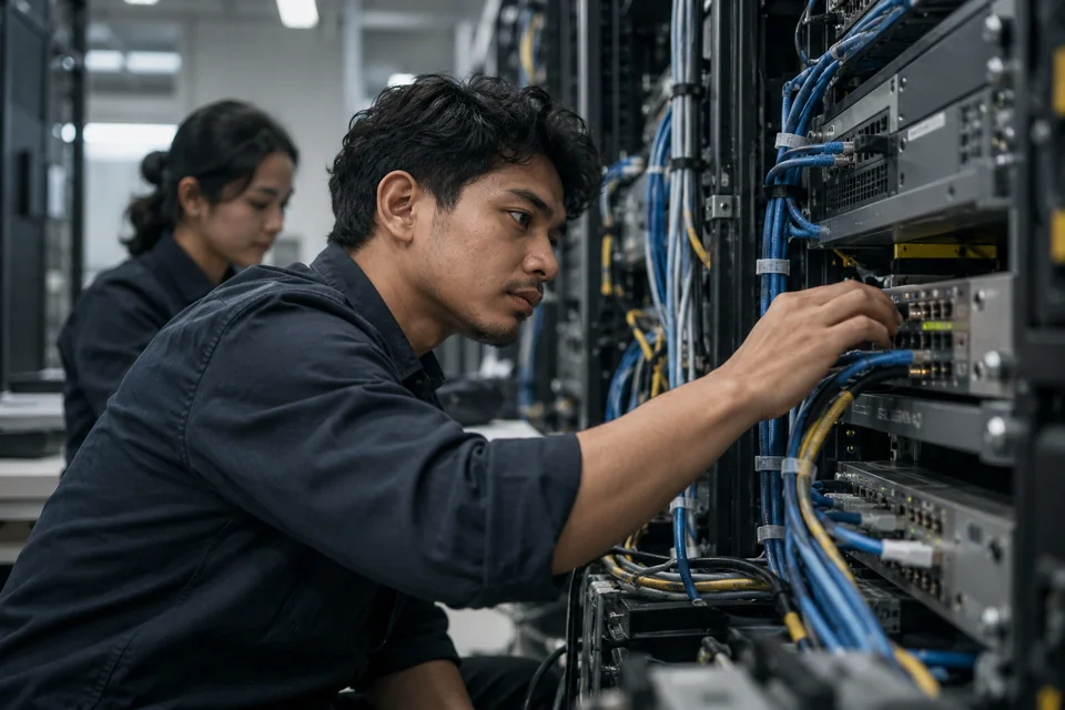 An engineer checking cable connections in an integration lab
