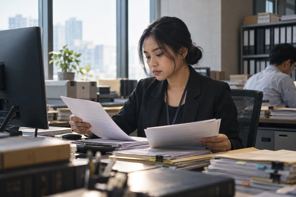 A document specialist comparing information with source pages
