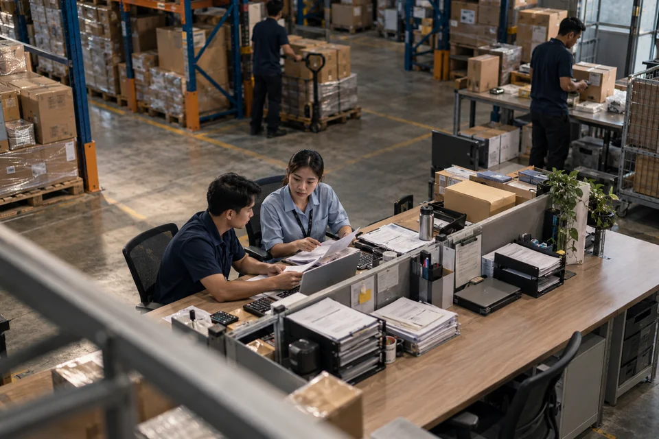 Operations staff coordinating requests at a shared workstation