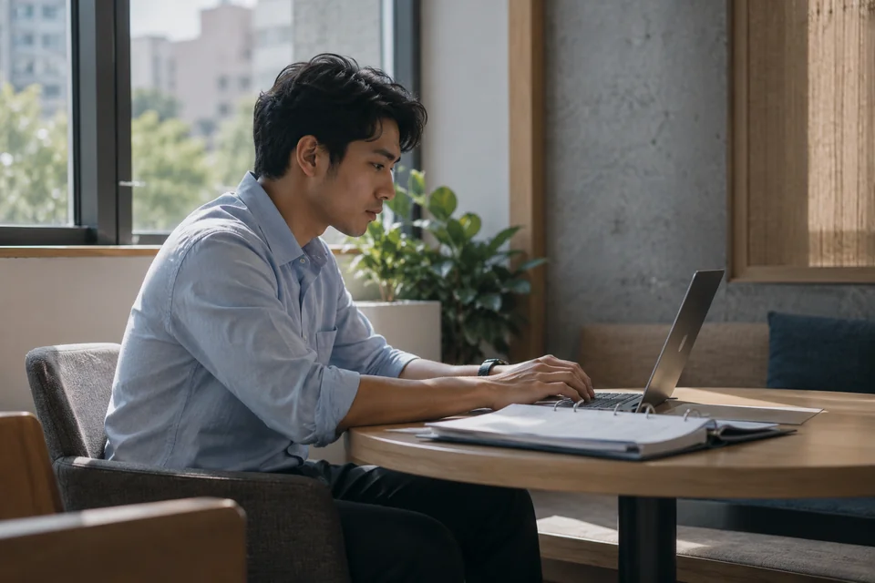 An HR professional practicing an exercise at a laptop