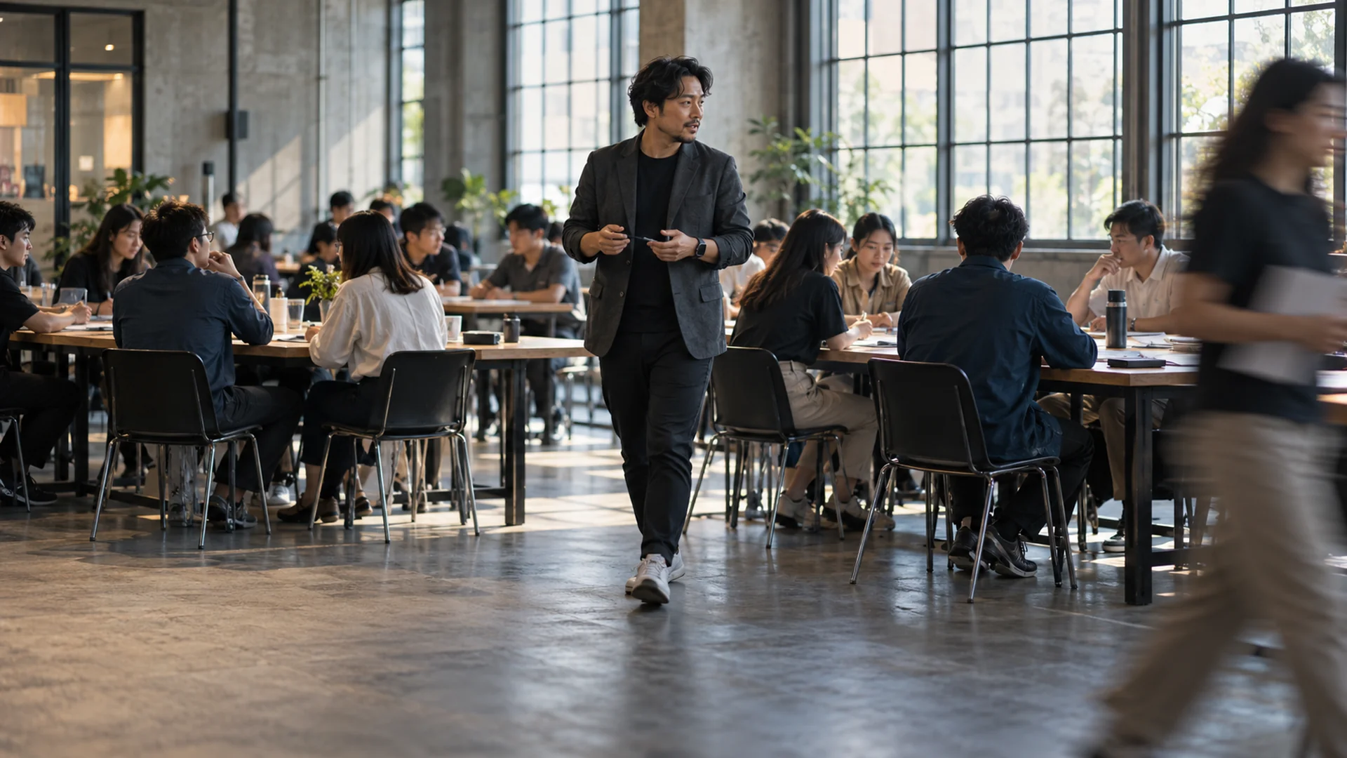 A facilitator moving between tables during a practical team workshop