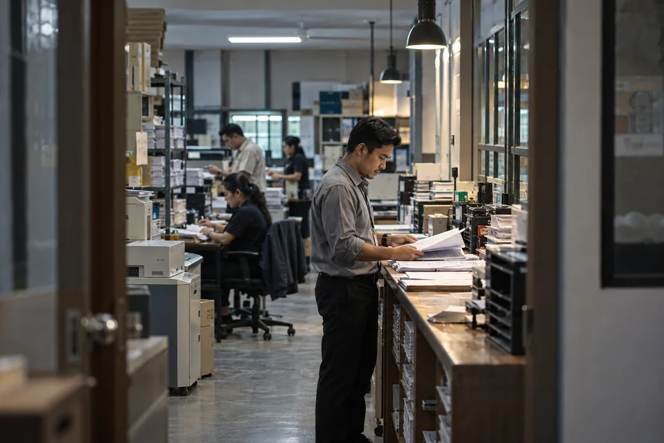 An operations coordinator reviewing reports in a back office