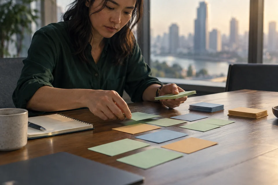 A manager prioritizing opportunities with paper cards