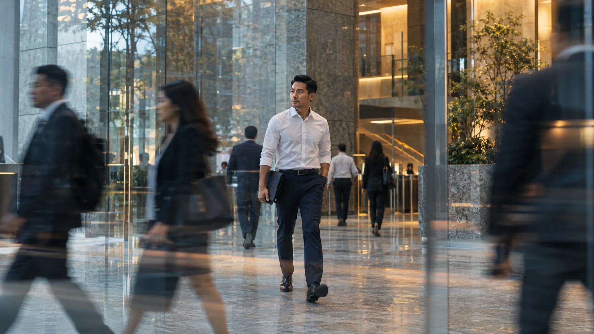 An operations leader moving through a business atrium