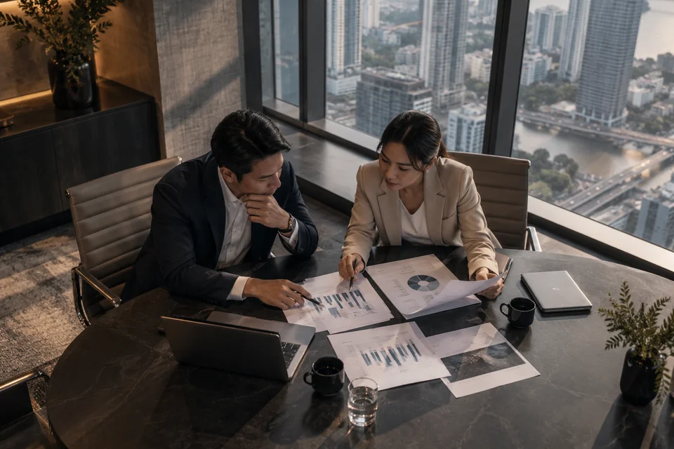 Managers reviewing printed business reports