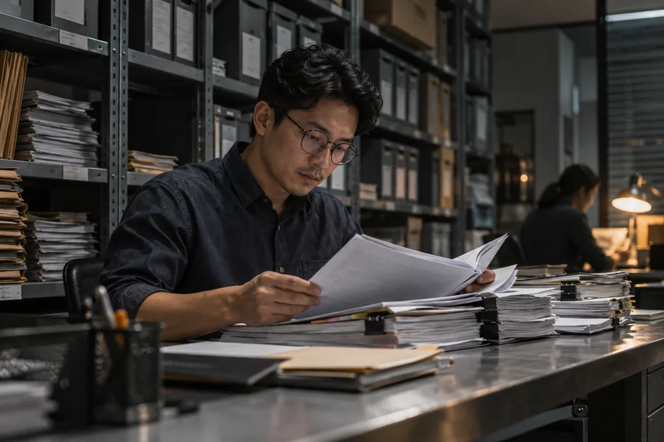 An analyst reviewing and organizing document files