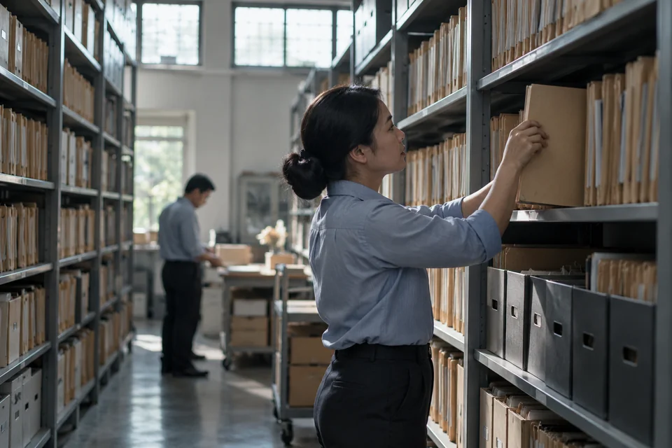 A records custodian retrieving a folder from an archive