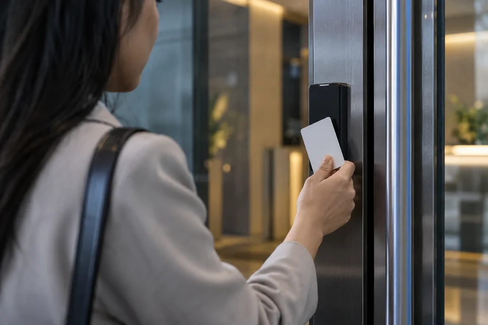 An employee presenting an access card at a controlled doorway