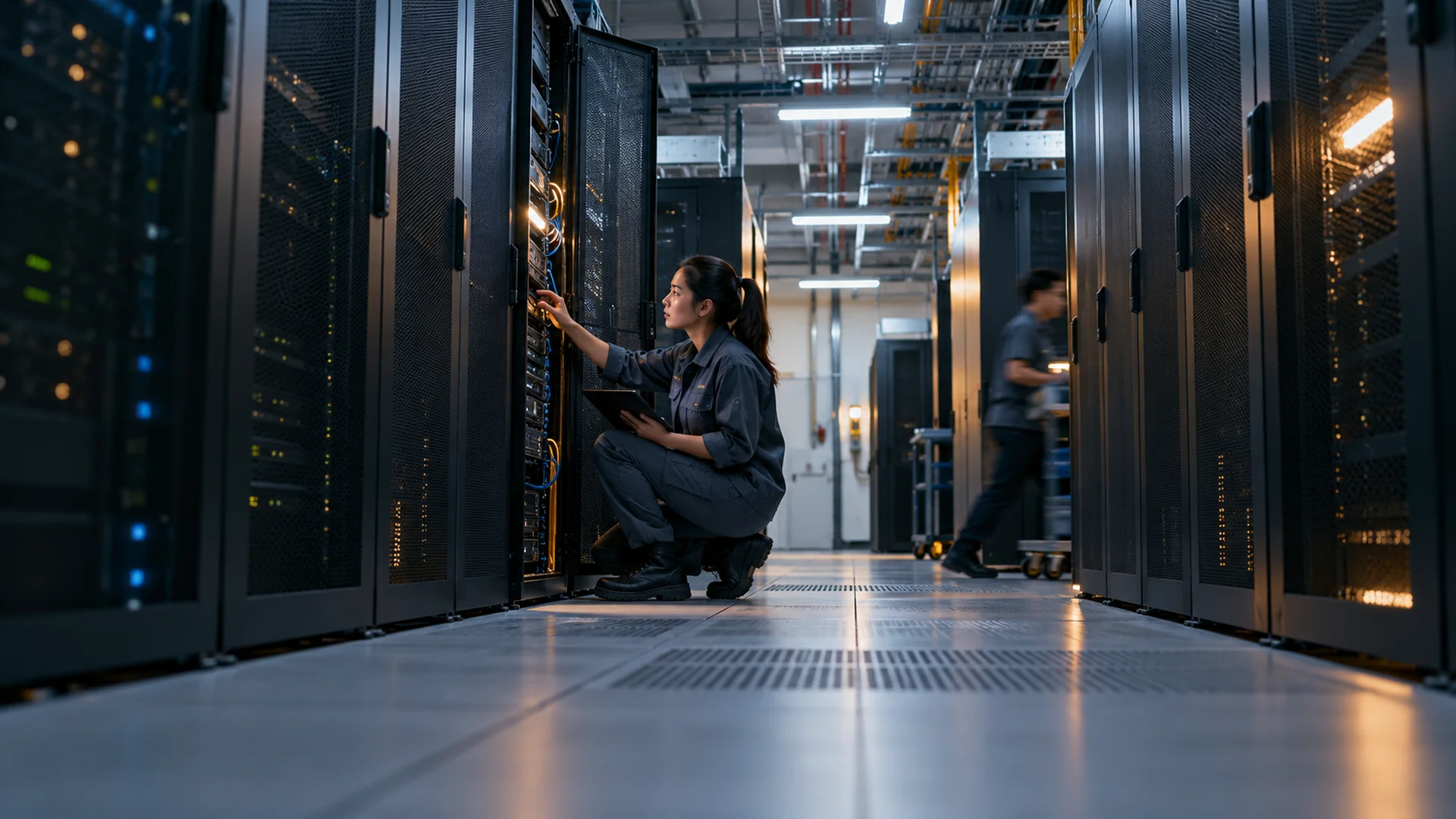 An infrastructure engineer inspecting a server rack