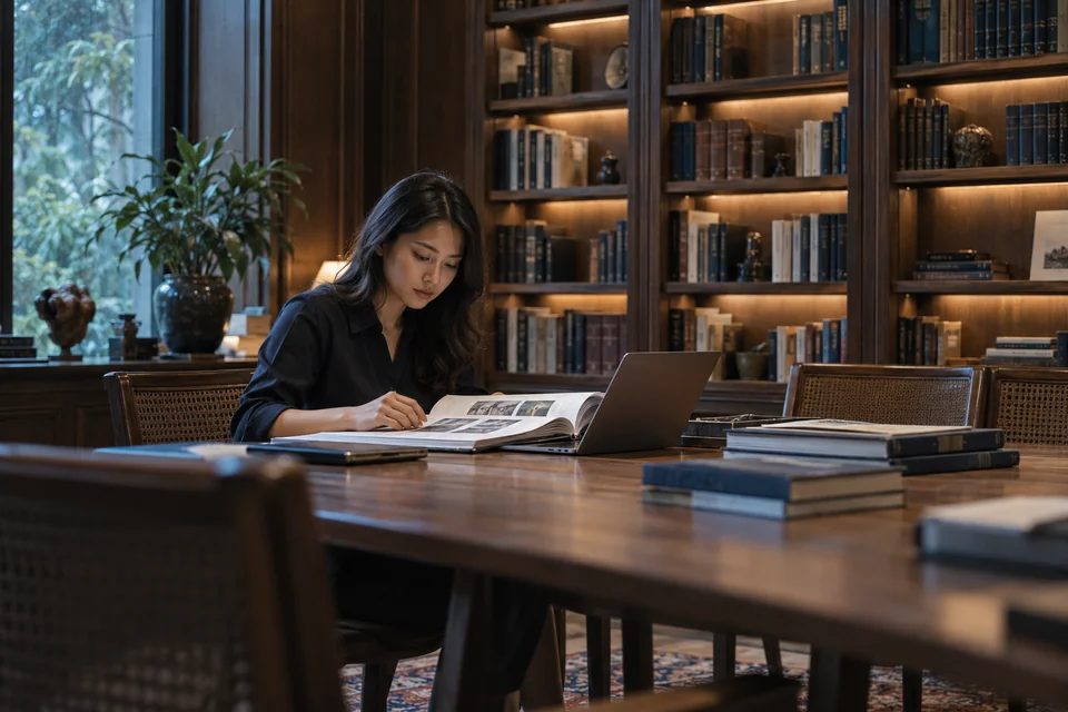 An employee consulting internal reference material