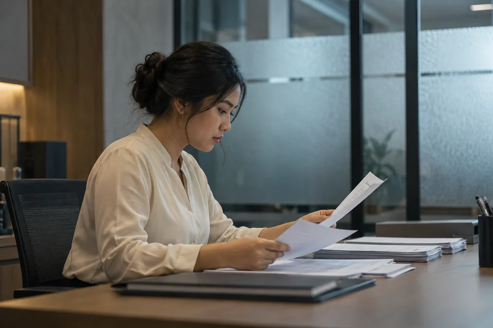 An analyst processing documents in an enclosed workspace