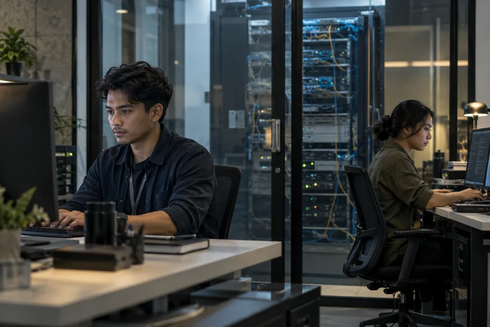 IT colleagues working in a controlled technical workspace