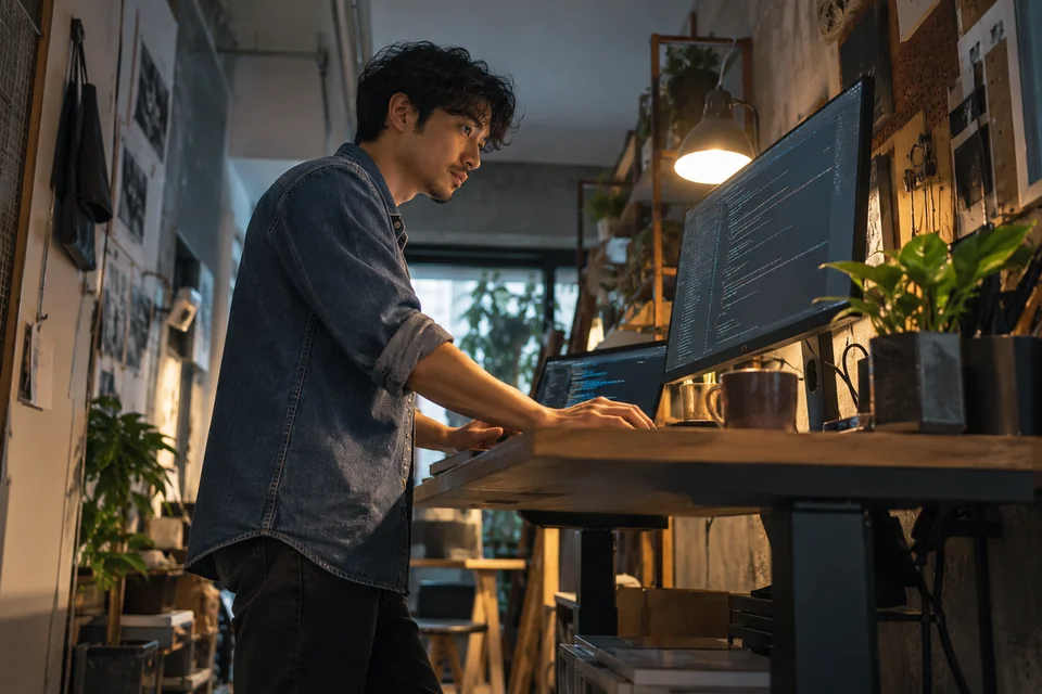A developer working on a first release at a standing desk