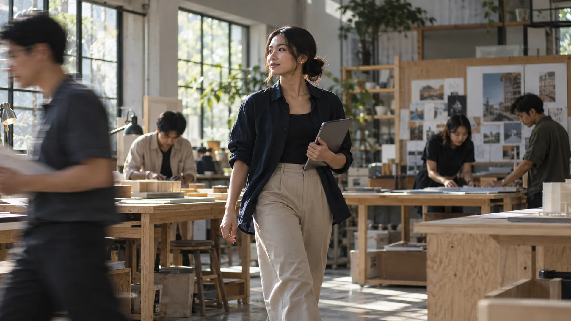 A product founder moving through a design studio with a tablet
