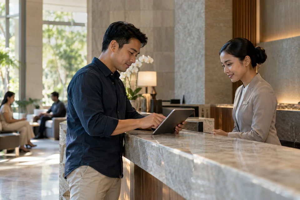 A customer trying a portal on a tablet at reception